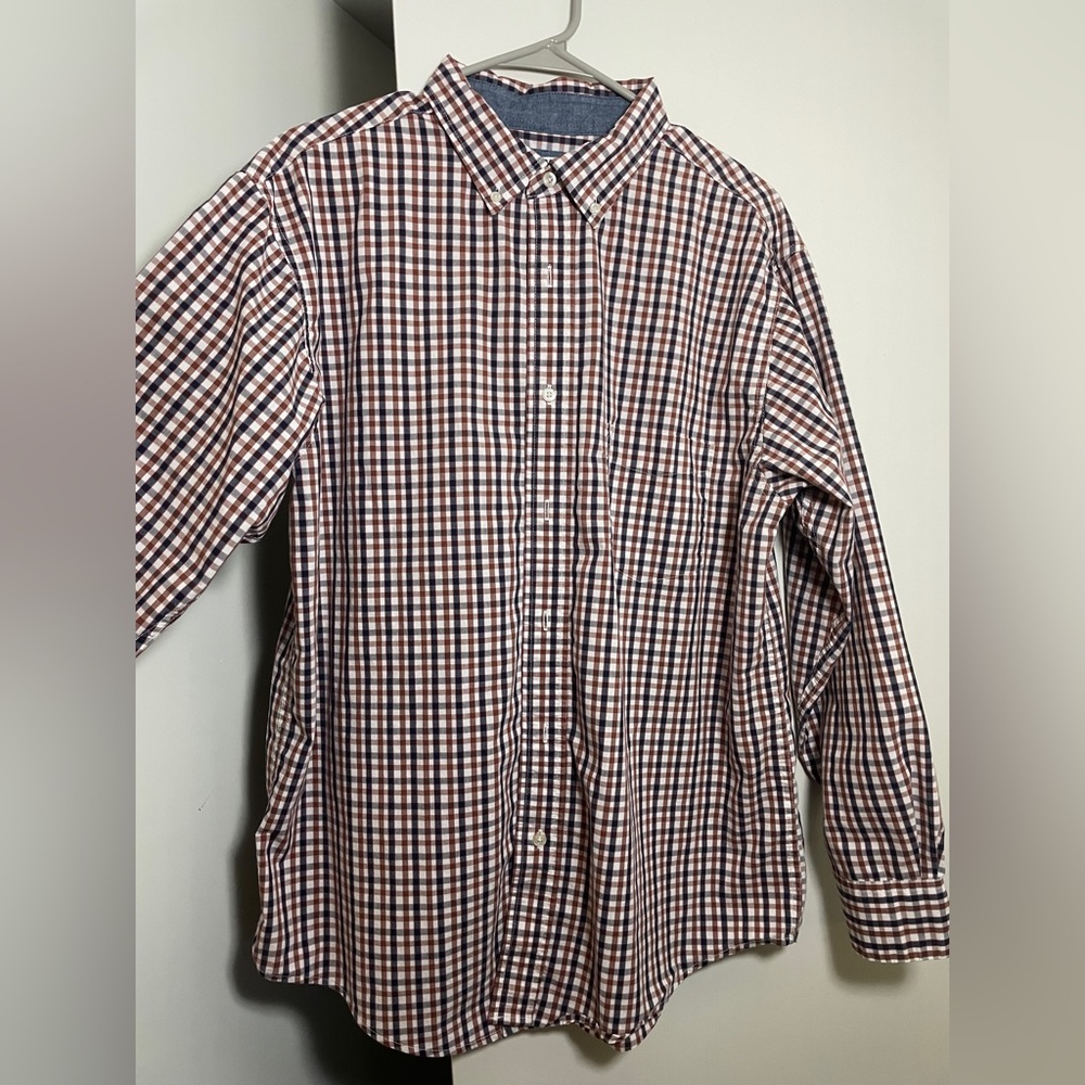 * L white-brown checkered Haggar button-down